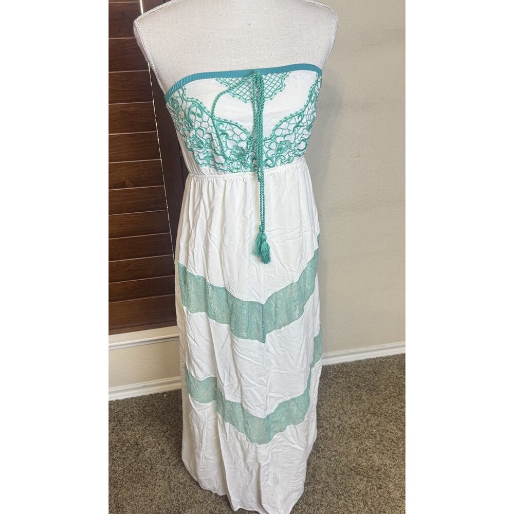 FLYING TOMATO Maxi Dress Strapless Turquoise White Lace Embroidered Long‎ Sz S